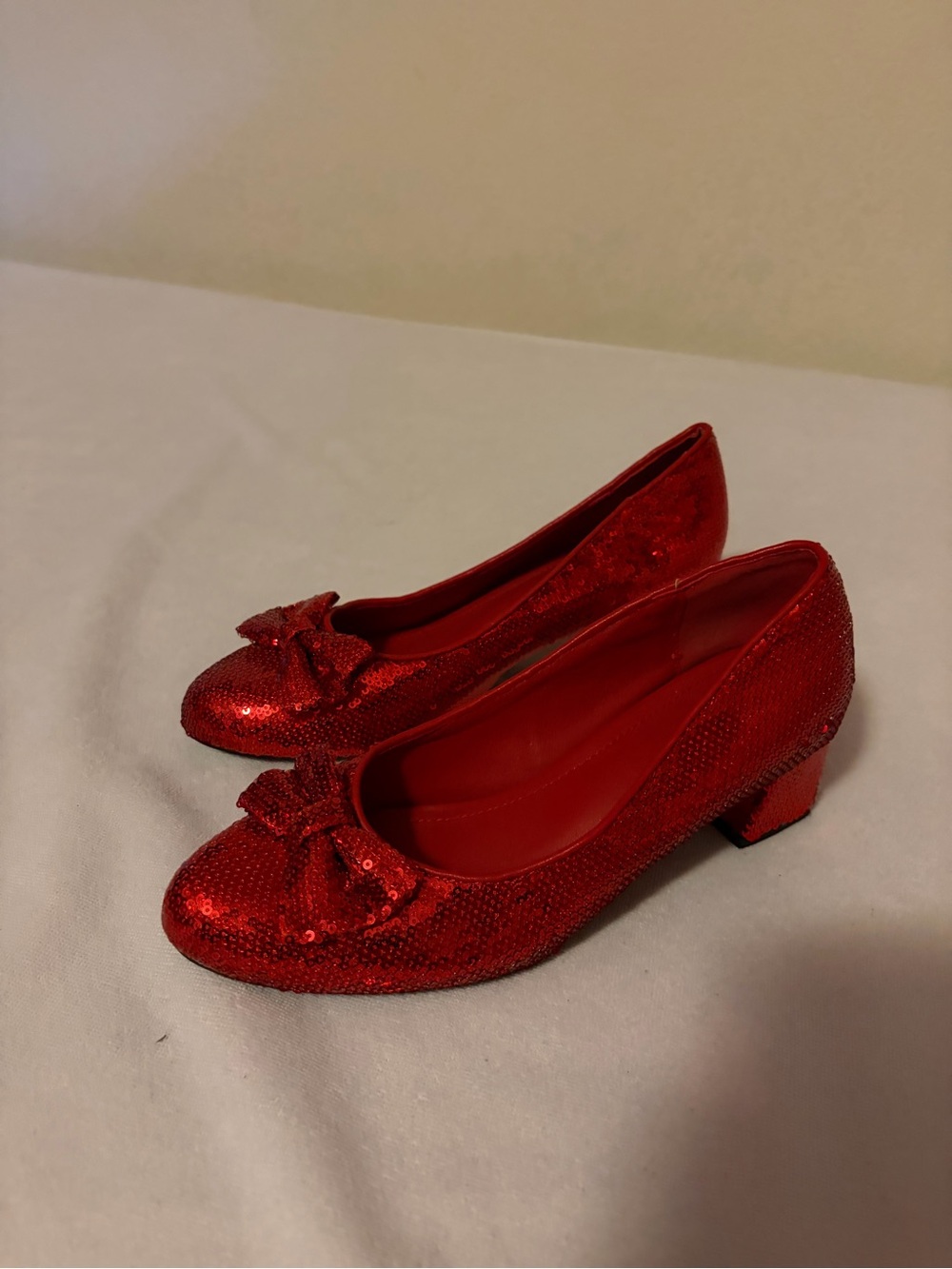 Red Sequin "Dorothy" Low Heel Pumps with Bow